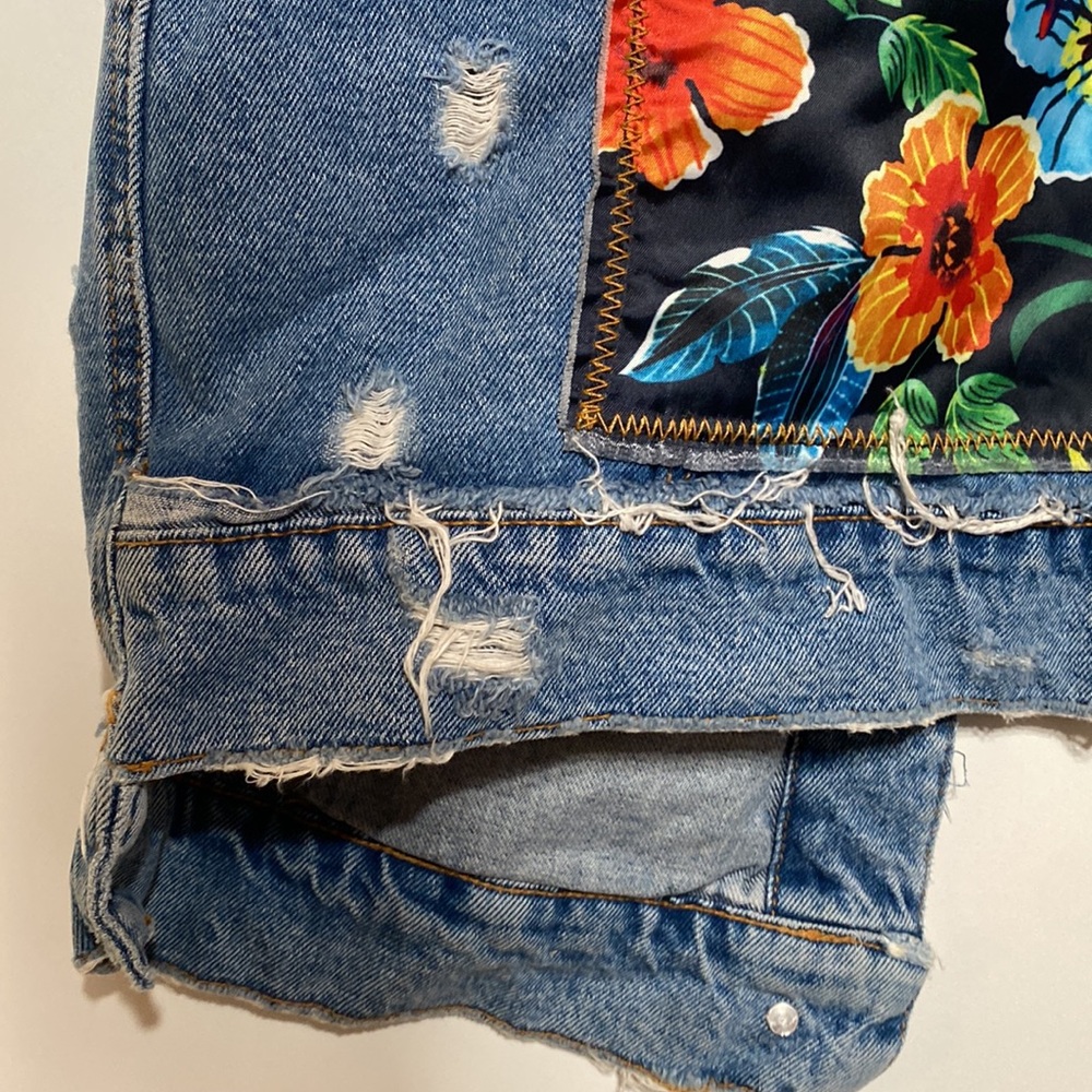 Oversized Distressed Denim Vest with Floral Back - Picture 12 of 17